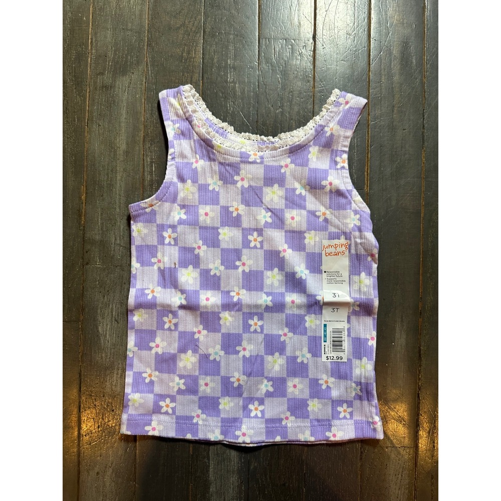 Jumping Beans Toddler Girls Purple Checkered Daisy Ribbed Lace Trim Tank Top 3T